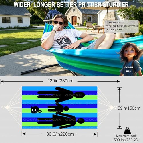 Image of GOCAN Double Hammock 2 Person Extra Large 220x160cm Total Length 330cm Load 500lb Canvas Cotton Hammock for Patio Porch Garden Backyard Lounging Outdoor and Indoor with Removable Spreader bar
