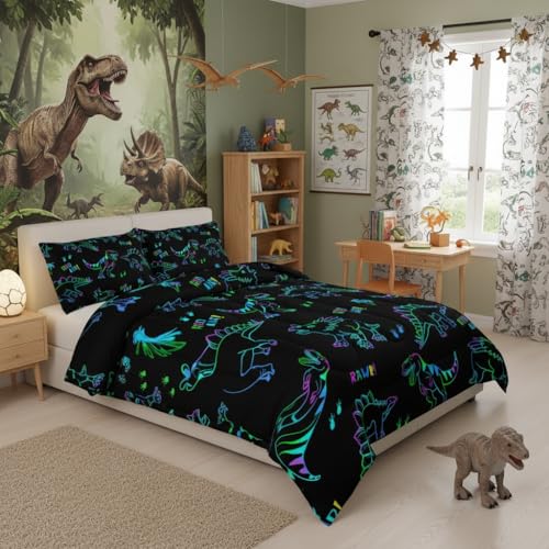 Image of QOOMO Jurassic Dinosaur Kids Bedding Set, Black, Twin Size