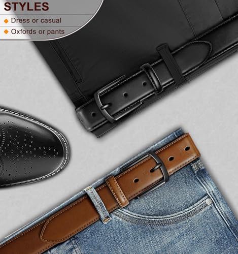 Image of BULLIANT Men Belt 2Pack-Leather Belt 7Holes Comfortable For Men's Dress Casual Jeans 1 3 /8 inch