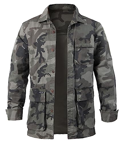 Harbrosrce Vintage Camisa Manga Larga para Hombre Informales Grueso Algodón Camuflaje Shirt Chaqueta Militar Camisa Casual de Trabajador con Botónes Top con Bolsillo