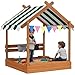 Outsunny Arenero para Niños de Madera, Arenero Infantil en Forma de Casa con 2 Asientos, Toldo, 6 Banderines, 2 Bandejas Extraíbles, Grifo y Pizarra, para Patio, Jardín, 124x116x146 cm, Naranja