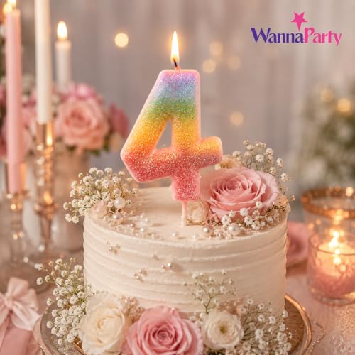 Image of Wanna Party Glitter Colorful 4th Birthday Candle, Number 4 Cake Candle Cake Toppers for Girl Women, Glitter Colorful Themed Party Decorations Supplies Birthday Gifts
