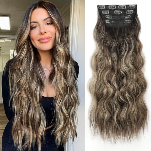 Image of KooKaStyle Clip in Synthetic Hair Extensions Long Wavy 4PCS Thick Hairpieces Dark Brown Root Ash Blonde & Champagne Balayage Fiber Double Weft Natural Hair Extensions 24 Inch for Women
