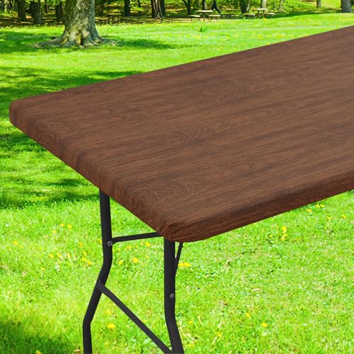 Smiry Rectangle Table Cloth Cover, Waterproof Elastic Fitted Picnic Tablecloth for 6 Foot Tables, Wipeable Flannel Backed Vinyl Tablecloths for Camping, Dining, Outdoor (Brown, 30' x 72')