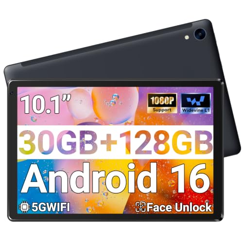 Image of Android 16 Tablet 10 Inch 30GB RAM 128GB ROM 1TB Expand, Octa-Core Processor, Widevine L1 HD IPS Touchscreen, WiFi 6 BT5.3 Dual Camera Face Unlock Tablet, Black