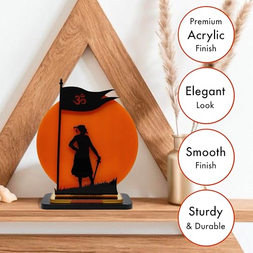 Image of Chatrapati Shivaji Maharaj Acrylic Idol | Decorative Table Showpiece with Orange Background & Silhouette Design | Car, Home, Office & Gift Decor, 4 Inch