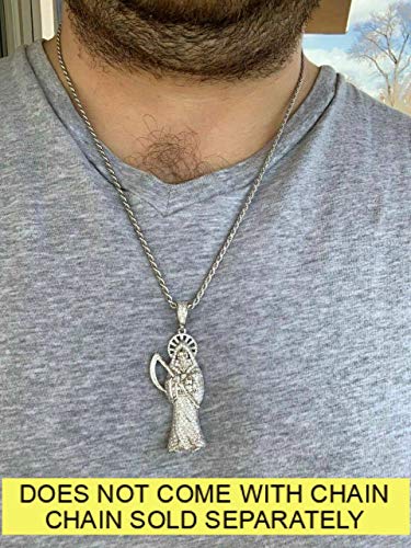 Solid 925 Sterling Silver - Large Men's Grim Reaper Death Pendant - Iced Santa Muerte Piece - Great Necklace (Sterling-Silver) #TOP3