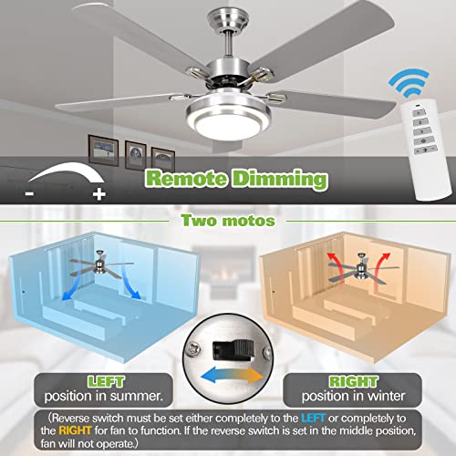 Image of hykolity 52 Inch Ceiling Fans with Lights (Integrated LED) Remote Control, Reversible Motor and Blades, ETL Listed, for Patio Living Room, Bedroom, Office - Brushed Nickel (5-Blades)