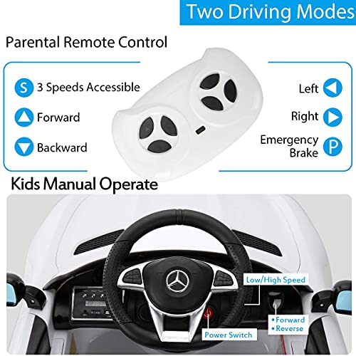 TOBBI Ride on Car for Kids w/ Remote Control, 12V Licensed Mercedes Benz AMG GTR Electric Vehicle with 2 Powerful Motors, LED Lights MP3 Music Horn, White