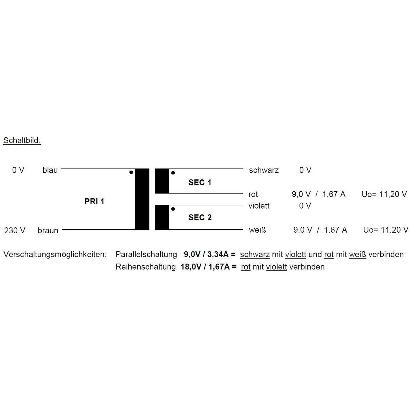 Lumonic transformateur toroïdal Transformateur 30VA 2x9V pour audio, industriels, halogènes et sur rails - 230V tension d'entrée - 18V tension secondaire - Modèle RSO-826007 - 3