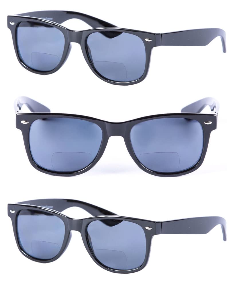 Mass Vision 3 Pair of Classic Bifocal Reading Sunglasses For Men And Women - Outdoor Sun Reading Glasses - Black/Black - 3.00