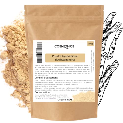 Polvere Ayurvedica di Ashwagandha naturale 100g Cosm'Ethics® 100% rafforza il cuoio capelluto e migliora la circolazione per una migliore crescita