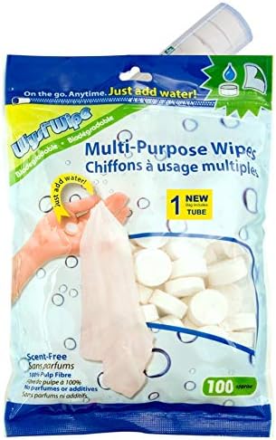 WYSI MultiPurpose Expandable Wipes, Just Add Water  100 compressed Tablets and Travel Tube