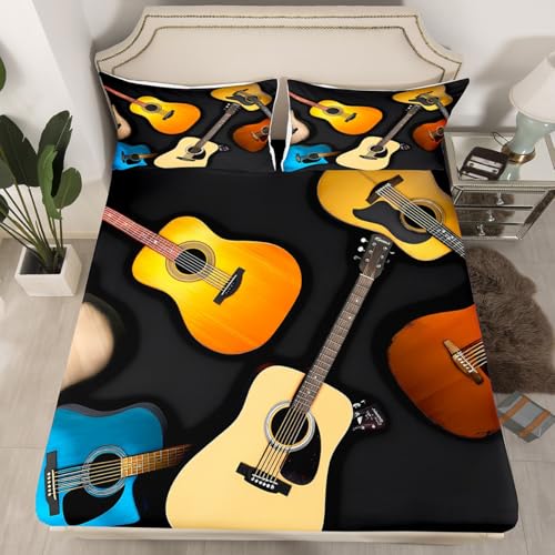 Guitar Bedding Set,Colorful Wooden Guitar Decor Fitted Sheet for Kids Teens Adults,Modern Country Music Theme Bed Cover with 2 Pillowcases(No Flat Sheet),Full Size 3 Pcs