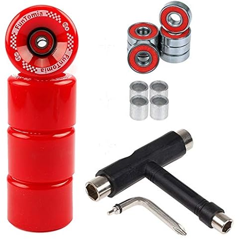 FunTomia 4 Stück Longboard/Skateboard/Mini-Board Rollen in 65x45mm 80A inkl. Mach1® Kugellager und Metall Spacer 80A Rollenhärte + T-Tool Cover