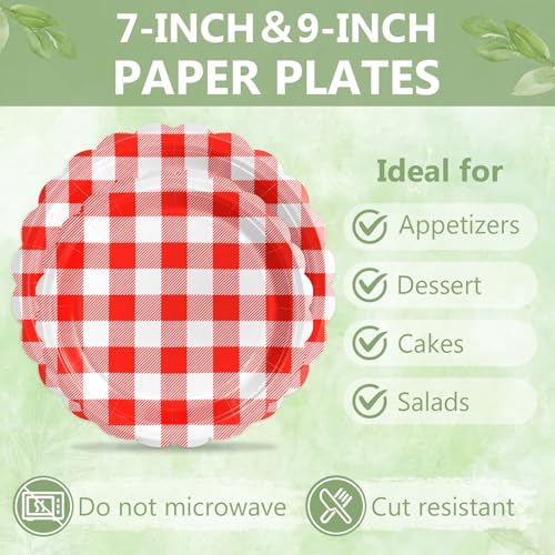 Image of 100 Pcs Red Gingham Paper Plates Disposable Set for Picnic, 25-9 inch&25-7 inch