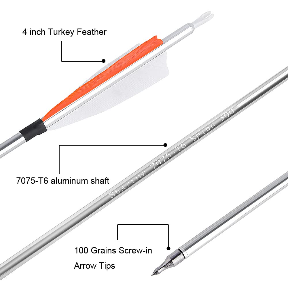 SHARROW Tir à l'arc Flèches en Aluminium 30 Pouces Flèches pour Chasse Spine 500 Arbres de Flèche en Aluminium Fletching Plumes Naturelles pour Arc à Poulies l'arc Classique