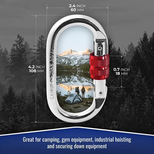 25Kn Climbing Carabiner Clip - Heavy Duty O-Shape Steel Locking Caribeaner - Uiaa / Ce Certified Rock Climbing Gear - Strong Large Locking Oval Caribeener For Mountain Climbing #TOP4