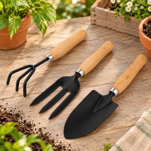 Image of Gardening Tools Kit for Home (Wooden Handle Cultivator,Fork, Small Trowel) Garden Set, Farming Tool for Indoor Outdoor Agriculture Use (GTK)