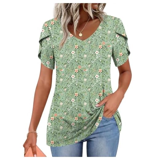 CATHY 2026 Womens Tops Summer Casual V-Neck Short Sleeve Fashion Tunic Basic Blouse Green Flowers Large