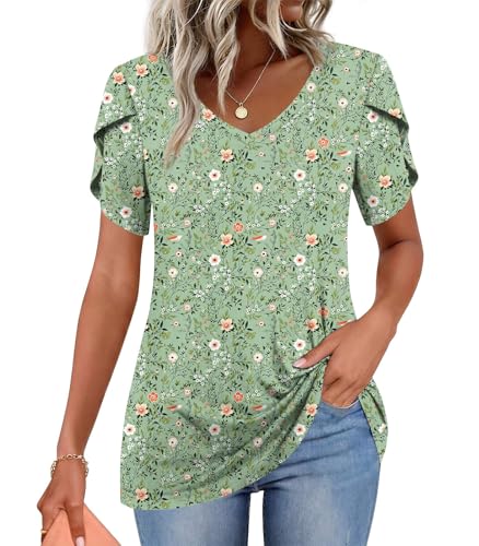 Image of CATHY 2026 Women Tops Summer Short Sleeve Tunic V Neck T-Shirts Loose Casual Floral Blouse S-4XL