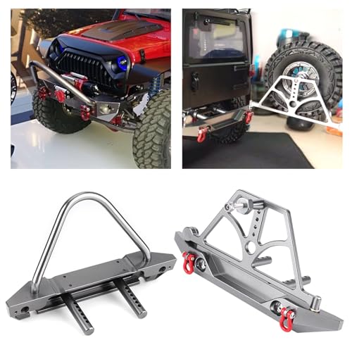 RC Front and Rear Bumper, High Simulation CNC Metal Bumper Set with Spare Tire Carrier & Tow Hooks for Axial SCX10 SCX10 II RC Car Bumper RC Vehicle Bumpers Mounts Trail Bumpers RC Car Upgrade Part
