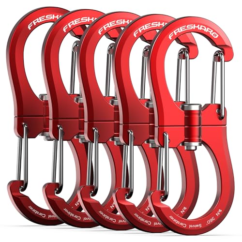 FresKaro 1kN Swivel Carabiner Clip, Heavy Duty Double-Ended Wire gate Carbineers, Small Non Locking Carabiners for Keys, Keychain, Hiking, Camping, Golf Bag, Water Bottle, Backpacking, Red, 5pcs