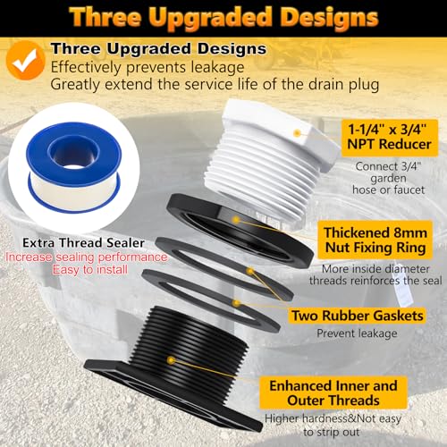 Image of Stock Tank Drain Plug Kit Include 1-1 /4 inch x 3 /4 inch Pipe Reducer Hex Bushing Fit for rubbermaid commercial 50 70 100 150 300 Gallon Stock Tanks Five Years Free Replacement
