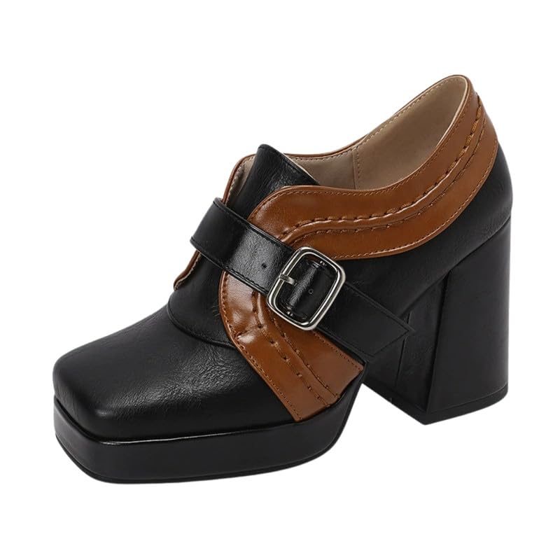Buckle Square Head Women’s Shoes Thick Bottom Thick Heel PU Rubber Sole Shoes-image-13
