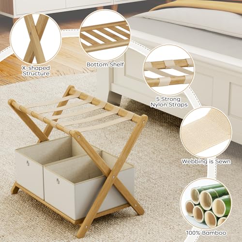 Fully Assembled Luggage Racks Pack of 2 with 4 Storage Boxes, Bamboo 26.77" Folding Luggage Stand for Guest Room, 5 Nylon Straps, Suitcase Stand with Storage Shelf for Bedroom Hotel, Natural