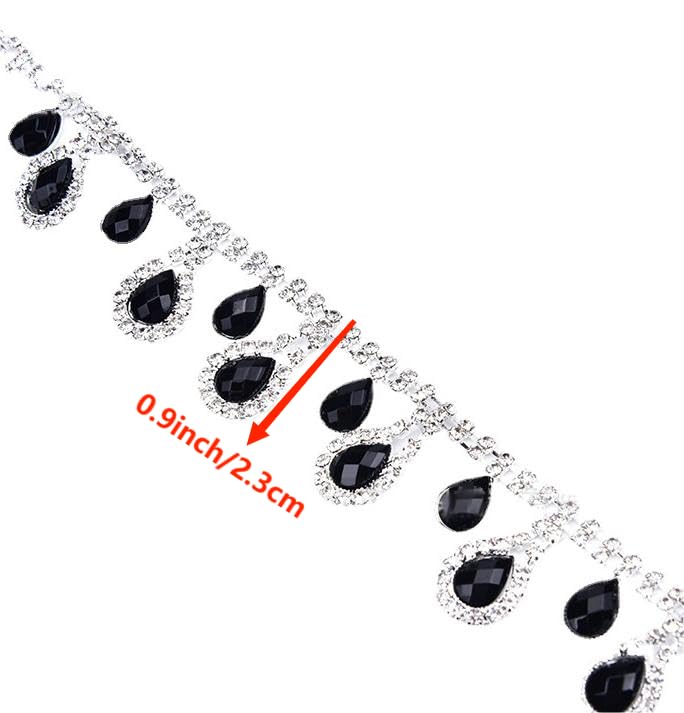 GorinsKani 1Yard Pearl Rhinestone Trim Fringe Ribbon Tassel Chain Irregular Diamond Crystal Beaded Fringe Belt for DIY Sewing Clothing Craft Wedding Decoration (Silver White Black Pendant Chain)