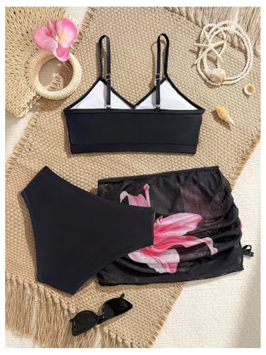 Image of BEAUDRM Girl's 3 Piece Floral Print Halter Triangle Bikini Set Cute Swimsuits with Cover Up Beach Skirt