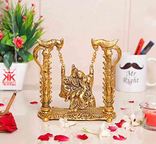 Image of KridayKraft Radha Krishna on Swing jhula Gold Plated Metal Statue Decor Your Home, Office (Medium)