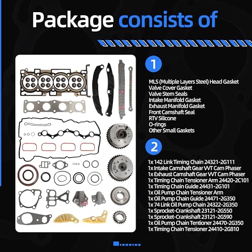 Image of Head Gasket Set+Timing Chain Kit with Intake Exhaust VVT Gear Sprocket, for Hyundai Sonata /Santa Fe Sport 2015-2019, for Kia Sorento /Sportage 2015-2018, 2.4L L4, 223112GGB0, 24350-2G750