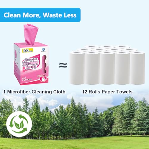 Image of GLIMGLINT Microfiber Cleaning Cloth 100 Pack, Reusable Paper Towels 11 x 9 | Lint Free & Ultra Absorbent Cleaning Rags for Car, Home, Kitchen, Glass & Screen, Washable Shop Towel Rag with Box Pink