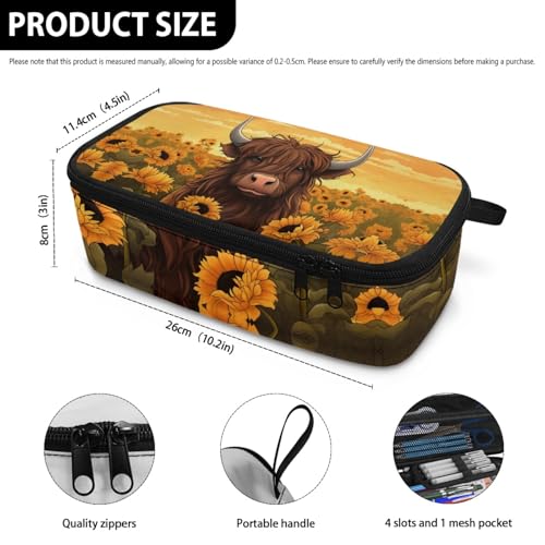 Image of Cattle Sunflower Girls Pencil Pouch, Large Capacity Pencil Case for 3-18 Years Kids Children, Unisex Pencil Bag for School, Office, Makeup, Gift
