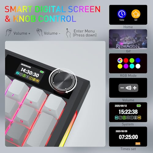 Image of Redragon Wireless Mechanical Keyboard, Gasket RGB Gaming Keyboard with Screen & Knob, Tri-Mode BT5.0 /2.4G /USB-C, 95 Keys Hot Swappable, Side Printed PBT Keycaps, Thick Pre-Lubed Linear Switch, K725SP