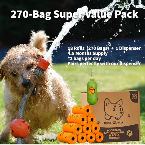 Image of Dog Poop Bags With Dispenser, Strong and Leak-proof Waste Bags for Pets, Floral Scented, 270 Count (18 Packs of 15), 13 Inch x 9 Inch (Orange)