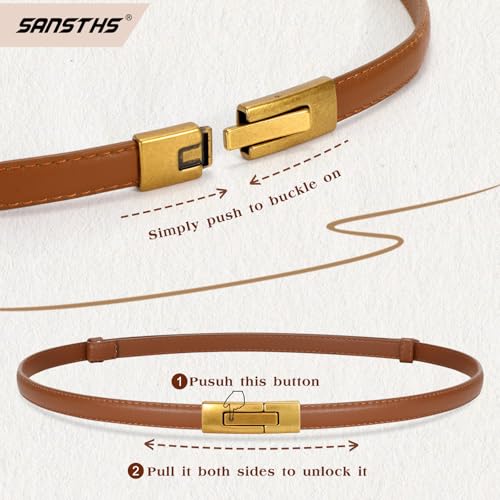SANSTHS 2 Pack Thin Ladies Waist Belt for Dresses Jeans Pants, Skinny Womens Belt with Antique Gold Buckle
