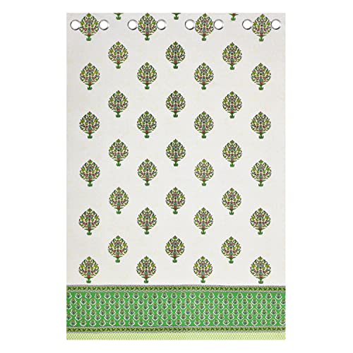 Image of BLOCKS OF INDIA Hand Block Printed Cotton Daylight Curtains with Eyelets | Green PAAN, 5 FEET /Window