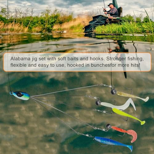 Set de 63 Piezas Alabama Rigs Kit con 5 Brazos, Anzuelos Jig Head y Señuelos Suaves para Bass, Crappie, Striper, Trucha y Salmón miniatura 7
