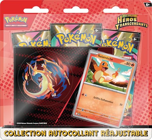 Pokémon : Collection Autocollant réajustable Méga-Évolution – Héros Transcendants – Salamèche (1 Carte Promo Brillante et 3 boosters)