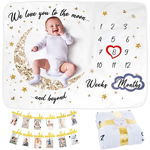 Baby Milestone Blanket With Birthday Photo Banner | Monthly Photo Mat for Boy or Girl Unisex | Age Mat | Personalised Baby Shower Present for New Mums | Moon & Stars Theme | Includes Year Banner