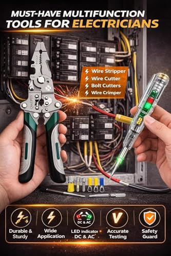 Image of 20-in-1 Multifunctional Stainless Steel Wire Cutter Foldable Wire Stripper Crimper Cable Cutter Pliers Non slip Grip for Cutting Electrical Stripping Tool & Crimping Tool with [LED Voltage Tester Pen]