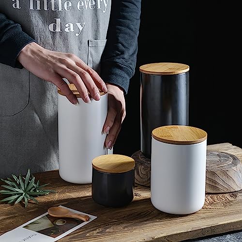 Modernes Design Frischhaltedose mit luftdichtem Holzdeckel, Keramik-Lebensmittelaufbewahrungsdose, Frischhaltedose für Kaffee, Zucker, Tee, Gewürze usw. (Weiß, 260 ml)