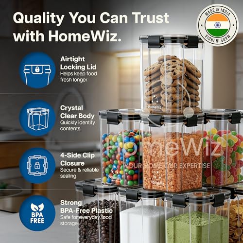Image of HomeWiz Air-Tight Kitchen Storage Containers Set of 8 (1200 ML Each) | Transparent Plastic Boxes for Fridge, Pantry & Home Organization | Food Grade, Multi-Purpose Storage | Storage Box