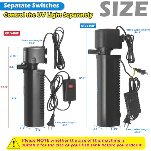 TARARIUM Aquarium Filter U-V for 20-75 Gallon, 200GPH Fish Tank Filter w/ 5W U-V Light Green Clean Machine Submersible Powerful Pump Internal Filter for Turtle Tank Saltwater Freshwater Crystal Clear - Thumbnail 6