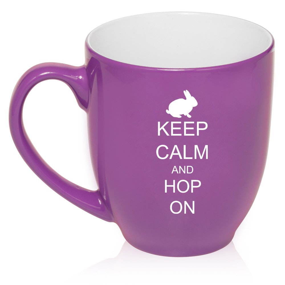 16 oz Large Bistro Mug Ceramic Coffee Tea Glass Cup Keep Calm and Hop on Bunny Rabbit (Purple)