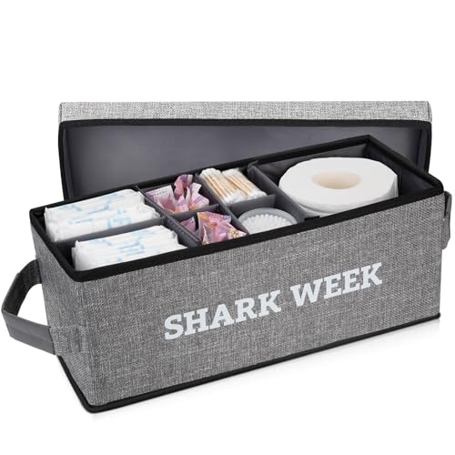 Tampon Holder for Bathroom, Bathroom Storage Containers with Lid, Adjustable Divider Feminine Product Organizer, Tampon Organizer, Bathroom Accessories Decor Boxes (Grey Printed SHARK WEEK, 1-Pack)