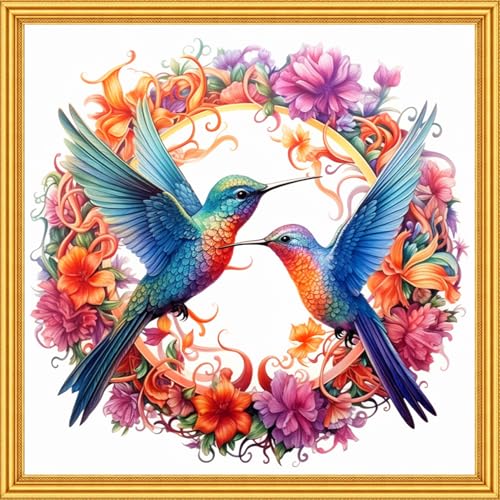 Image of Foxhool Stamped Cross Stitch Kits,11CT Printed Cross Stitch Pattern Full Embroidery Kits for Beginner Needlepoint Kits-Hummingbird Wreath 18x18 inch